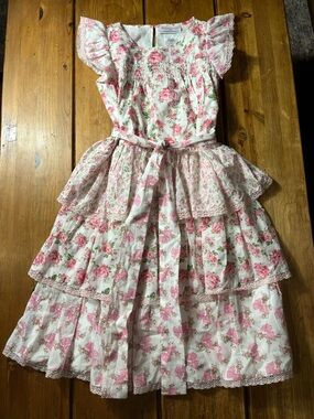 LoveShackFancy Pink Floral Tiered Dress with Lace Trim